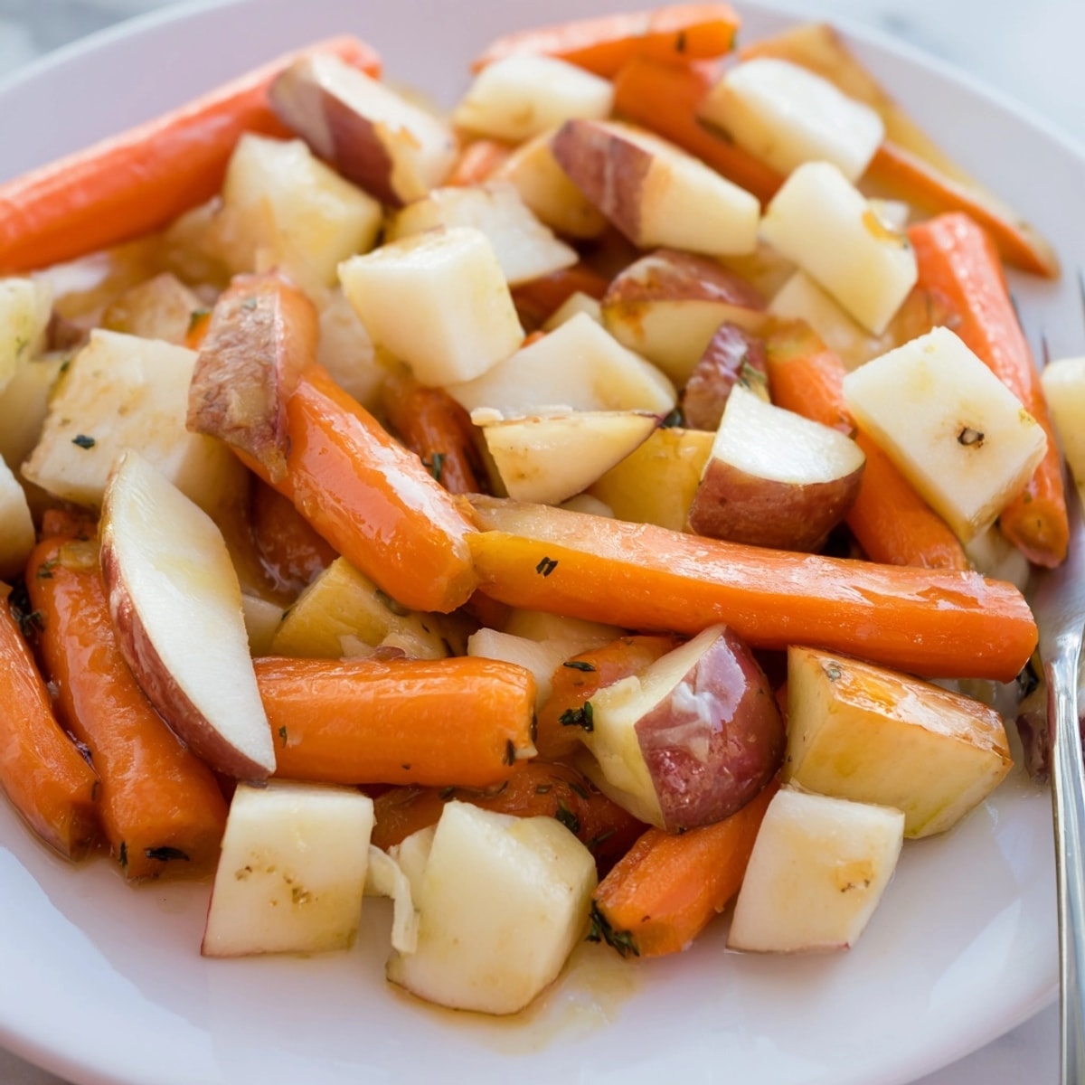 Golden Maple Dijon Roasted Carrots and Apples, ready to serve, glistening on a pan.