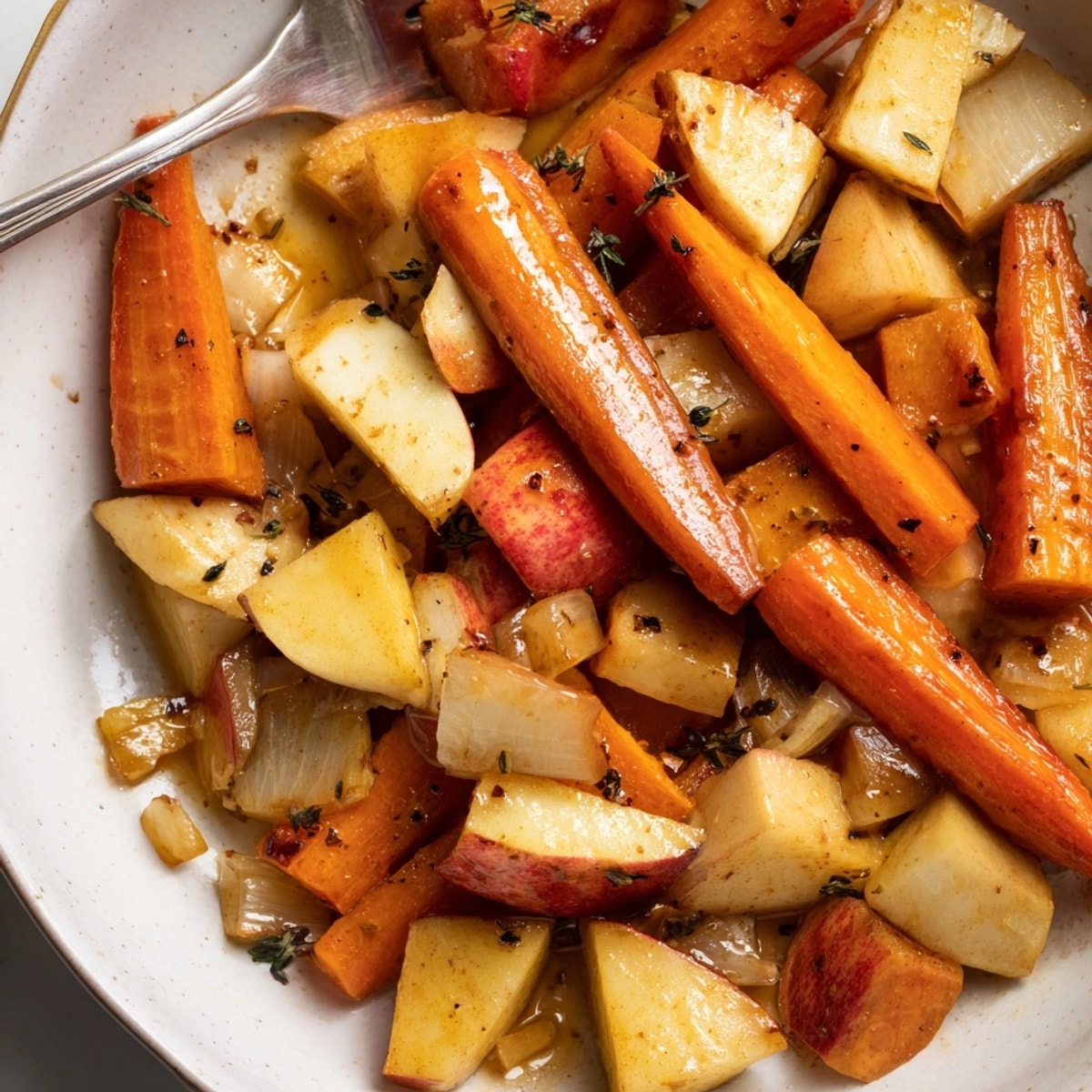 Warm, comforting Maple Dijon Roasted Carrots and Apples recipe featuring tender textures and autumn flavors.