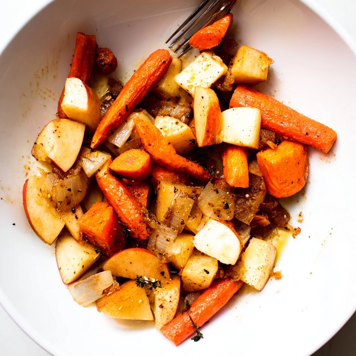 Vibrant Maple Dijon Roasted Carrots and Apples, a simple vegan side for fall dinners.