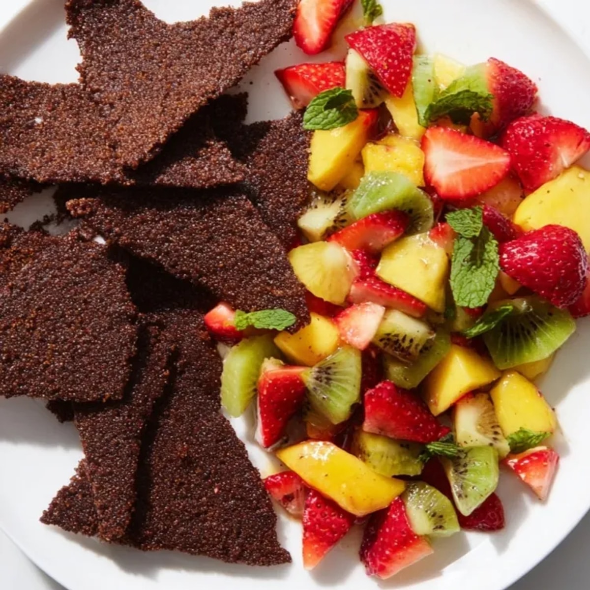 Crispy chocolate dessert chips served with a fresh, diced fruit salsa topping.