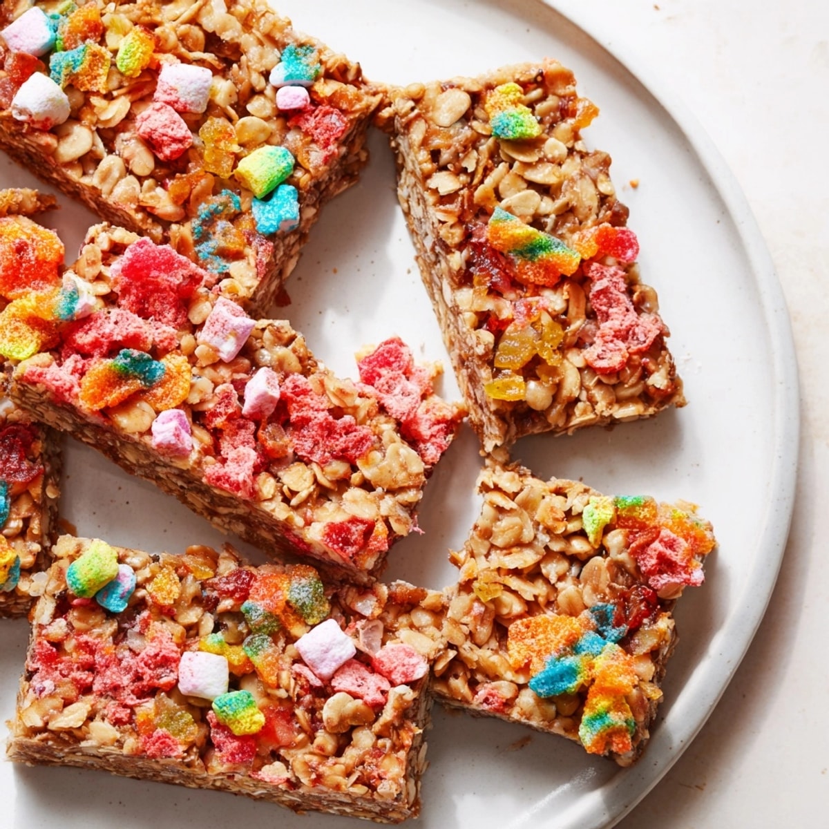 DIY Snack Bars recipe: golden oat base topped with homemade gummy cubes and crushed candies.
