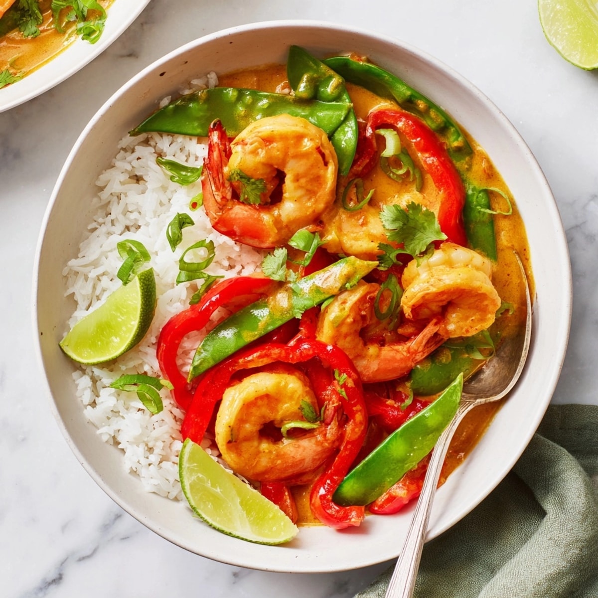 Overhead view of a flavorful Coconut Curry Shrimp & Rice Bowl with cilantro garnish.