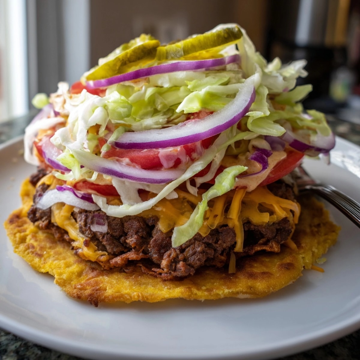 Overhead view of golden Smashed Burger Tacos, ready to serve on a wooden board.