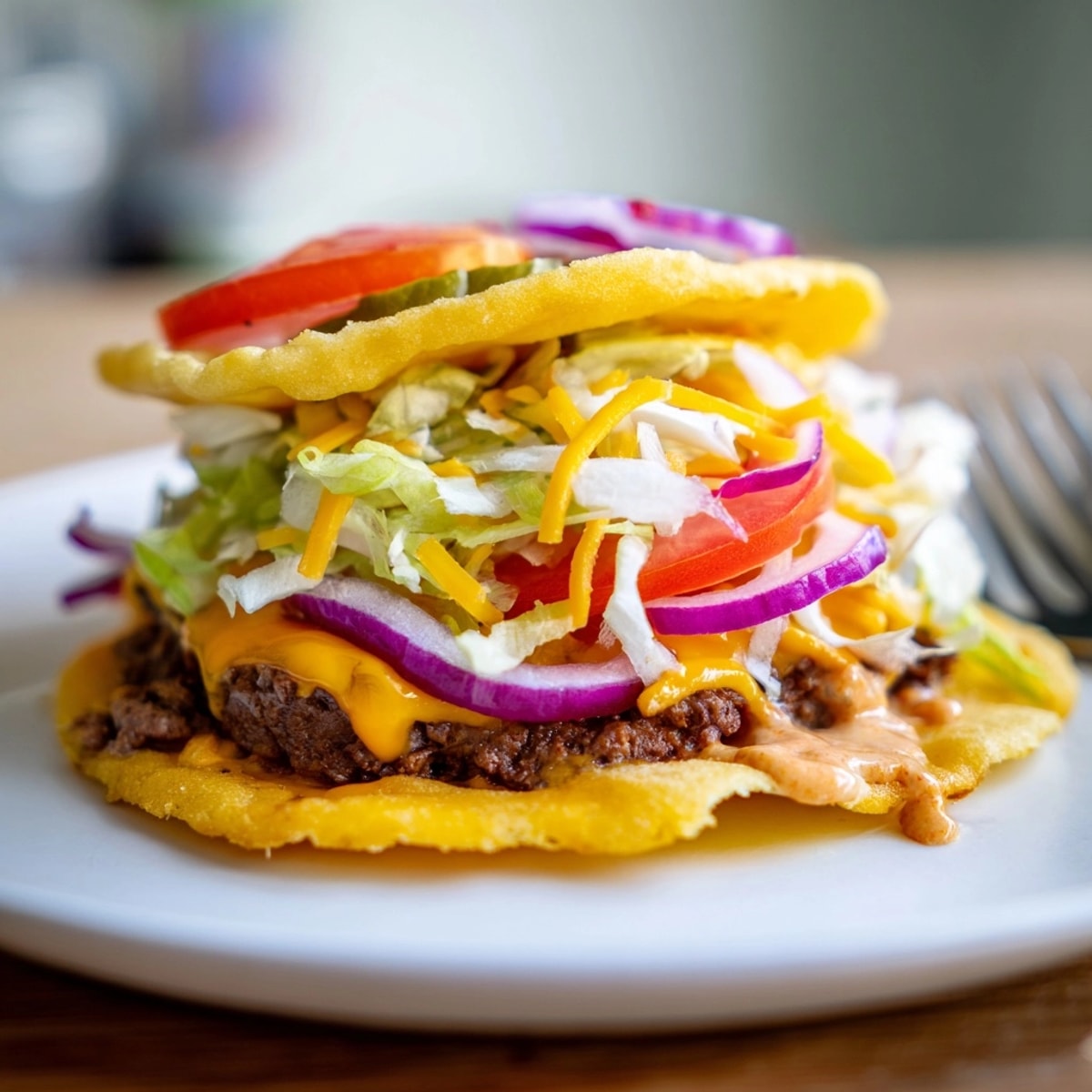 Close-up of a cheesy Smashed Burger Taco, condiments dripping, inviting a bite.
