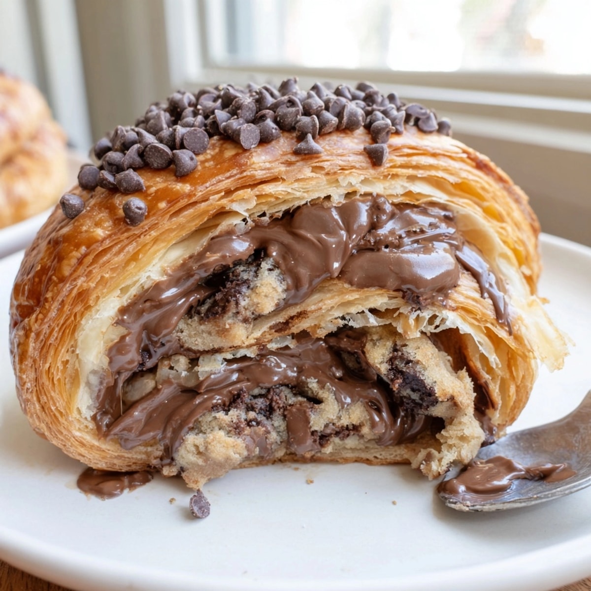 Golden, flaky Viral Cookie Croissant, oozing warm chocolate chip goodness, ready to devour.