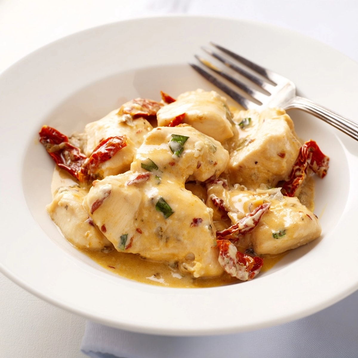 Creamy Marry Me Chicken simmers in a rich sun-dried tomato cream sauce, garnished with basil.