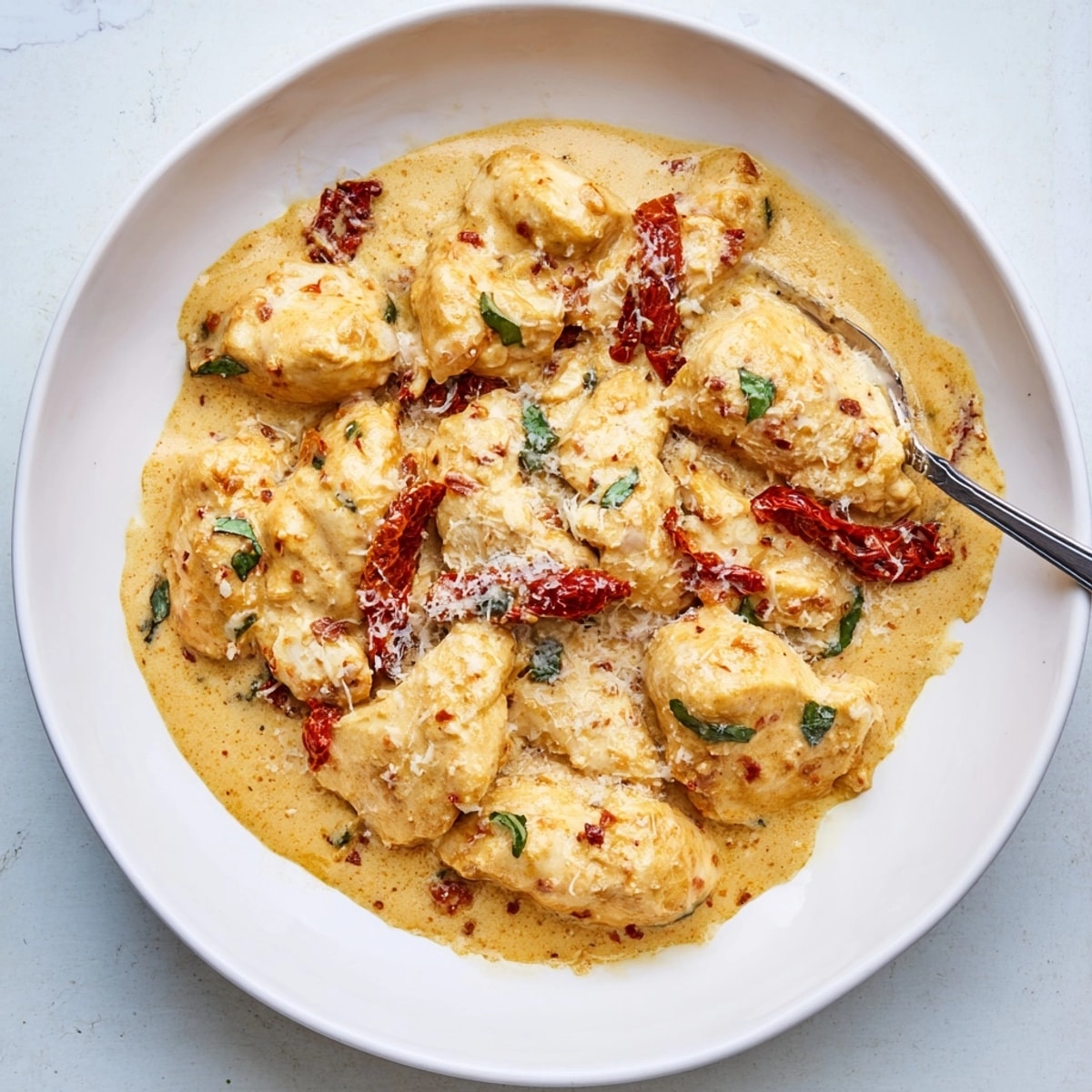 Golden-brown Creamy Marry Me Chicken in Parmesan sauce, ready to serve over pasta.