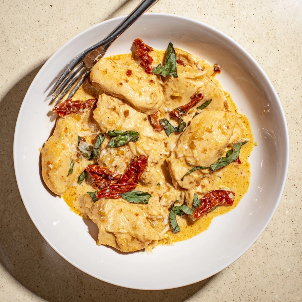 Close-up of tender, juicy Creamy Marry Me Chicken in a skillet, fragrant with basil.