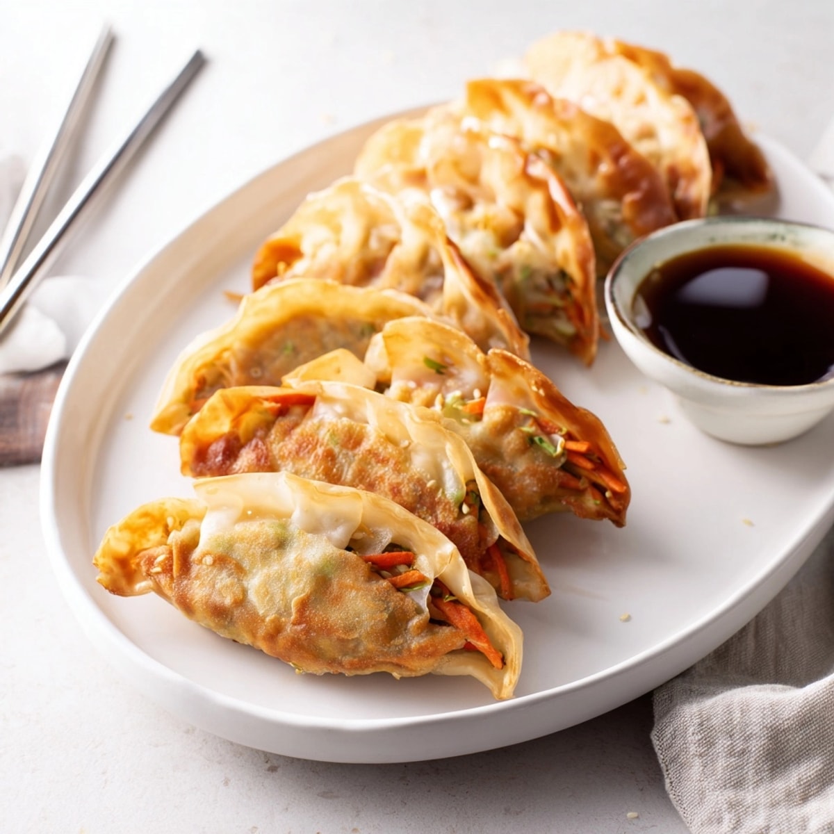 Golden Crispy Rice Paper Dumplings, pan-fried until perfectly crunchy, served with a flavorful dipping sauce.