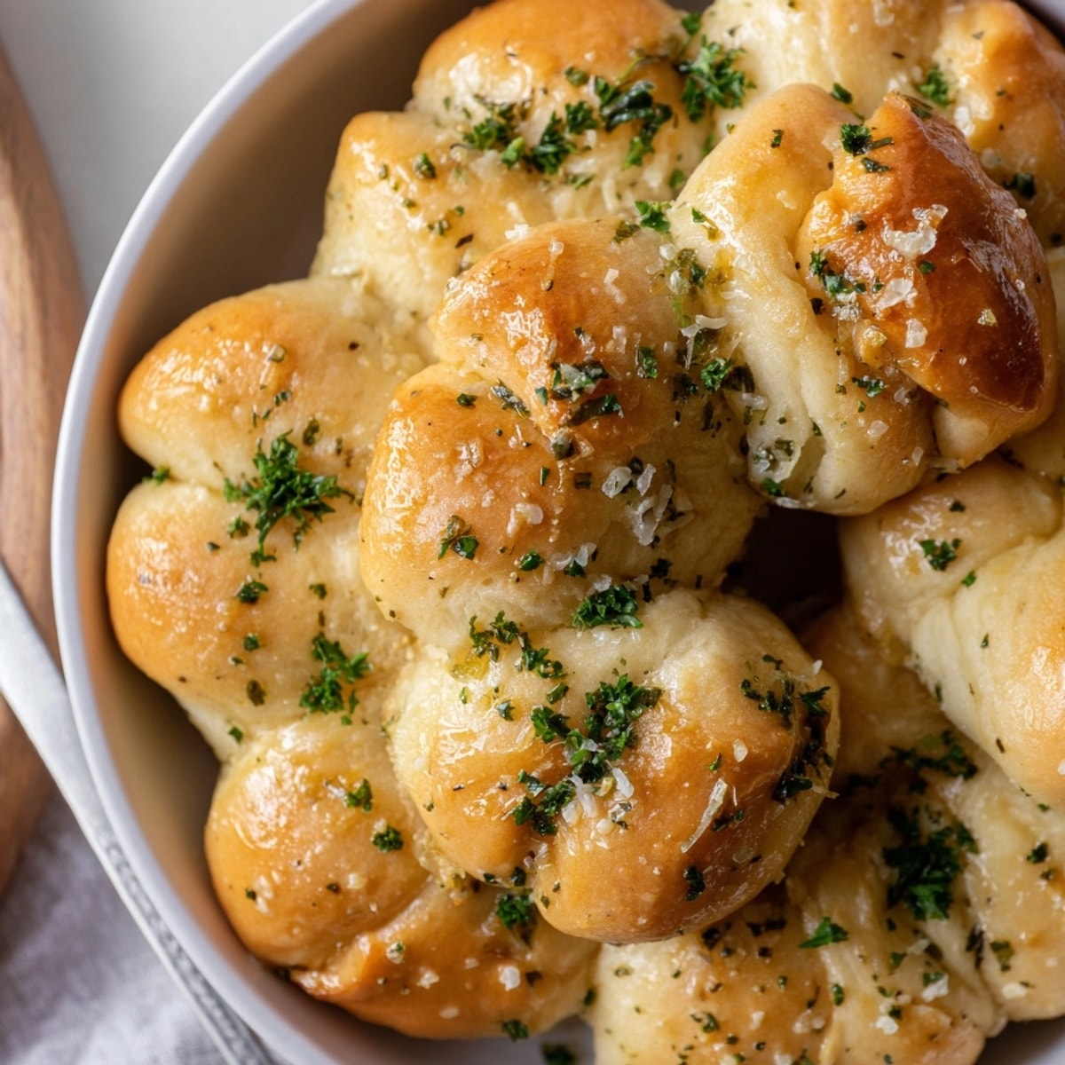 Golden brown Pull-Apart Garlic Knots, glistening with garlic butter and fresh parsley.