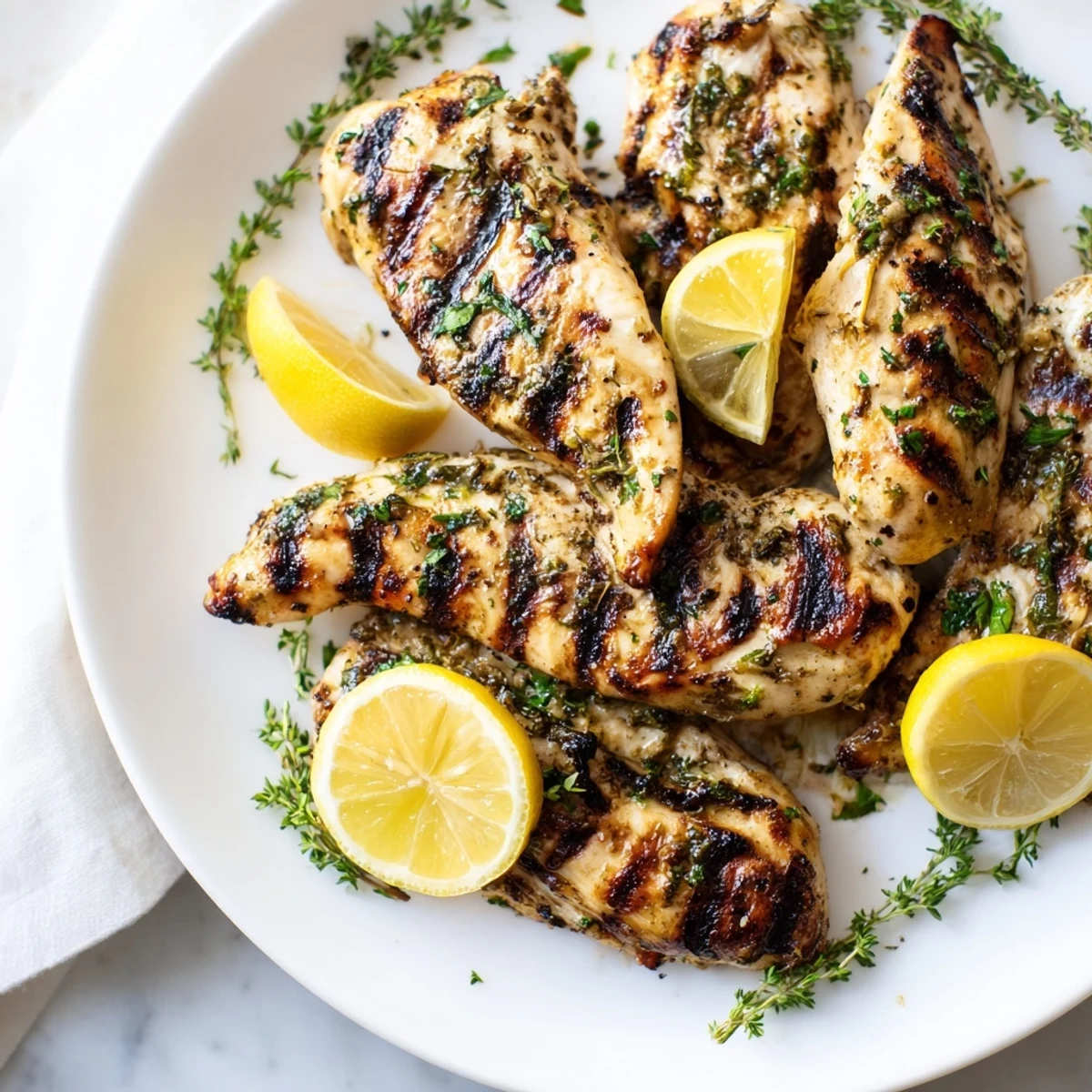 Freshly grilled Lemon Herb Chicken Breast with bright lemon wedges and flavorful herb garnish.