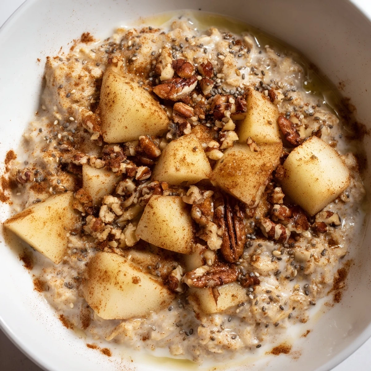 A comforting serving of warm apple cinnamon oatmeal perfect for a chilly, fall morning.