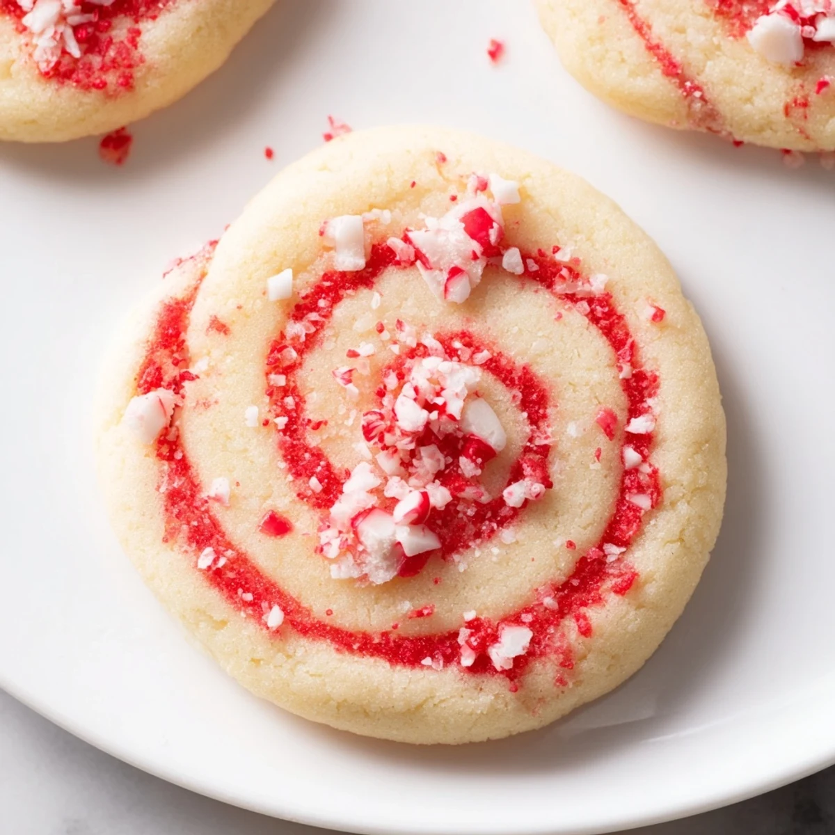 Freshly baked Peppermint Swirl cookies with vibrant red swirls, offering a delightful holiday treat.