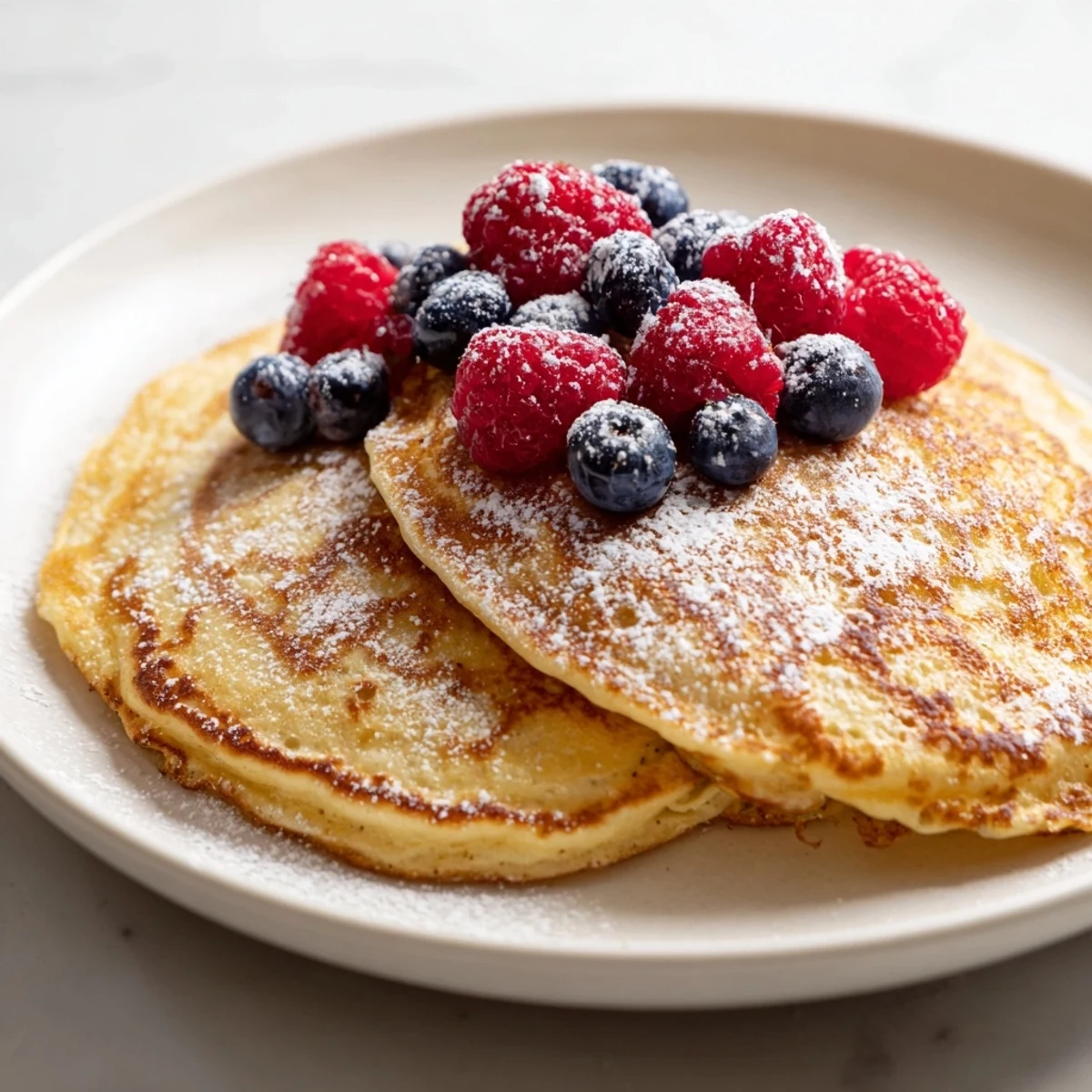 Golden-edged Crispy Edge pancakes, served hot with fresh berries and drizzled maple syrup, a breakfast favorite.