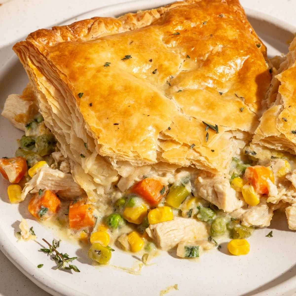 Golden, flaky crust atop a bubbling Savory Chicken and Vegetable Pot Pie, ready for a warm dinner.