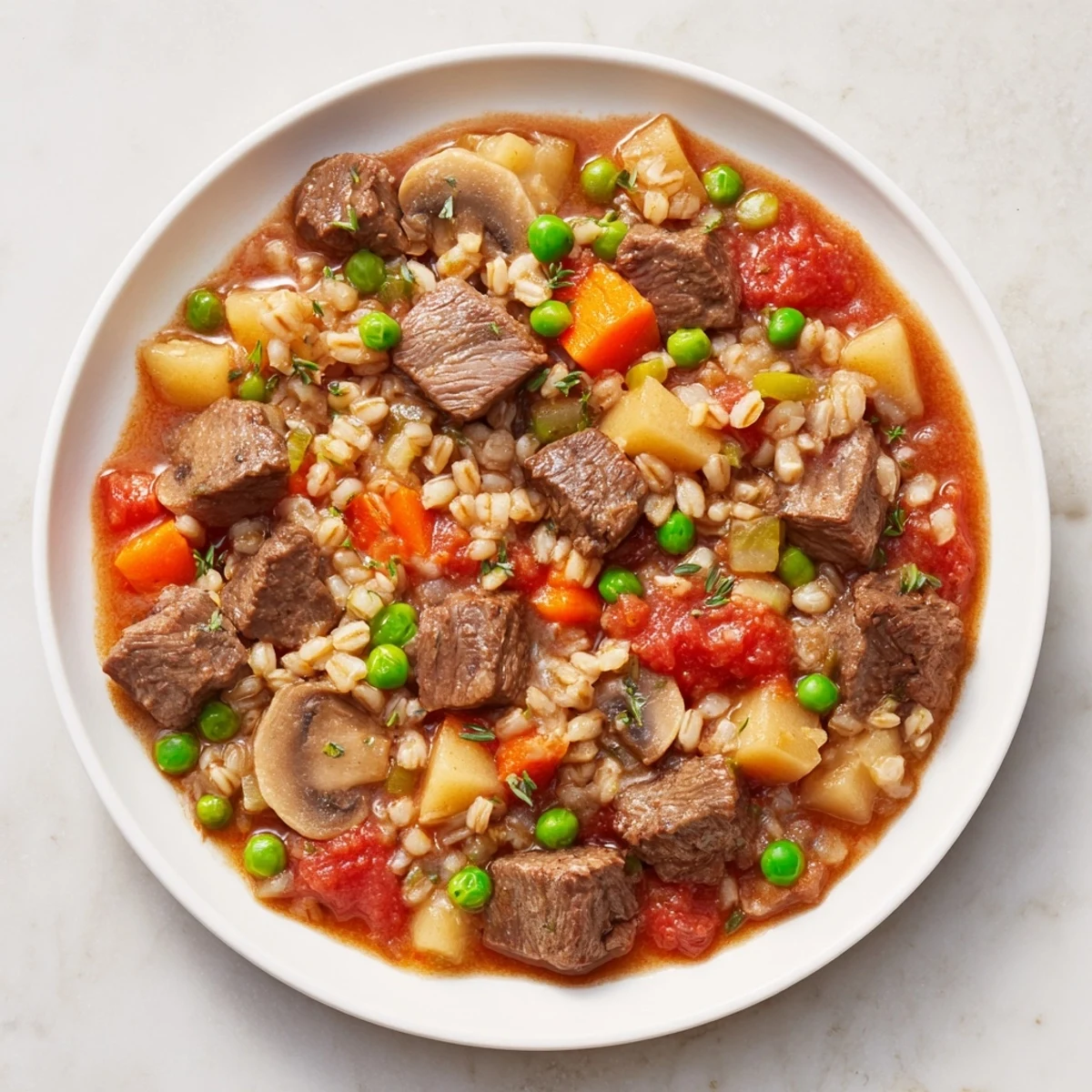 A steaming bowl of hearty beef and barley stew, full of chunky vegetables and tender meat.