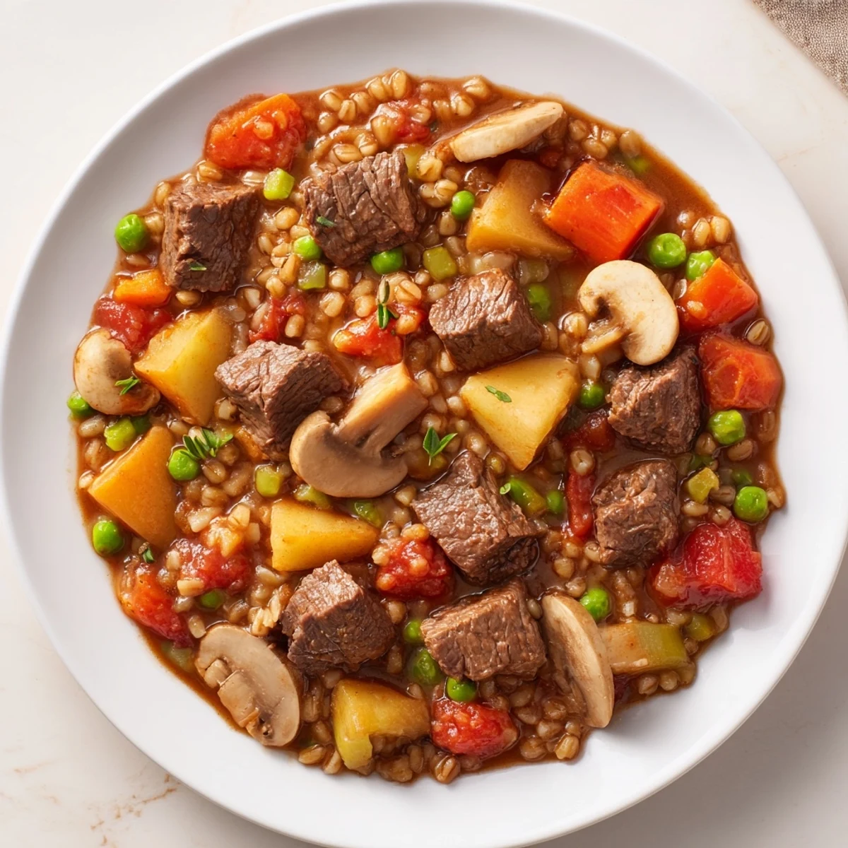 Tender beef and barley stew, a rich, savory aroma, perfect for a cozy winter meal.