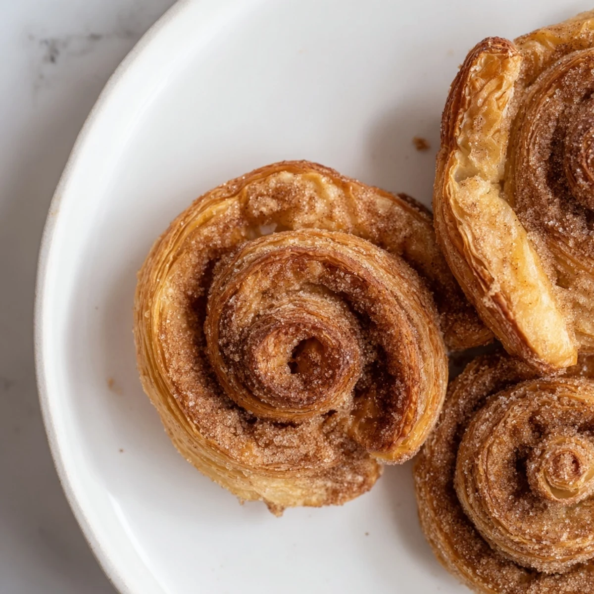 Golden, flaky Cinnamon Sugar Puff Pastry Swirls, beautifully swirled, ready for a delicious sweet bite.