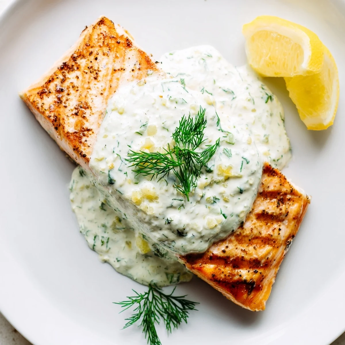 Grilled salmon fillets with flaky texture, served with creamy dill yogurt sauce on a plate.