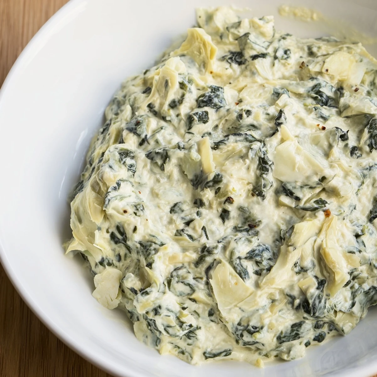A close-up of the delicious creamy spinach and artichoke dip, served with crusty bread.
