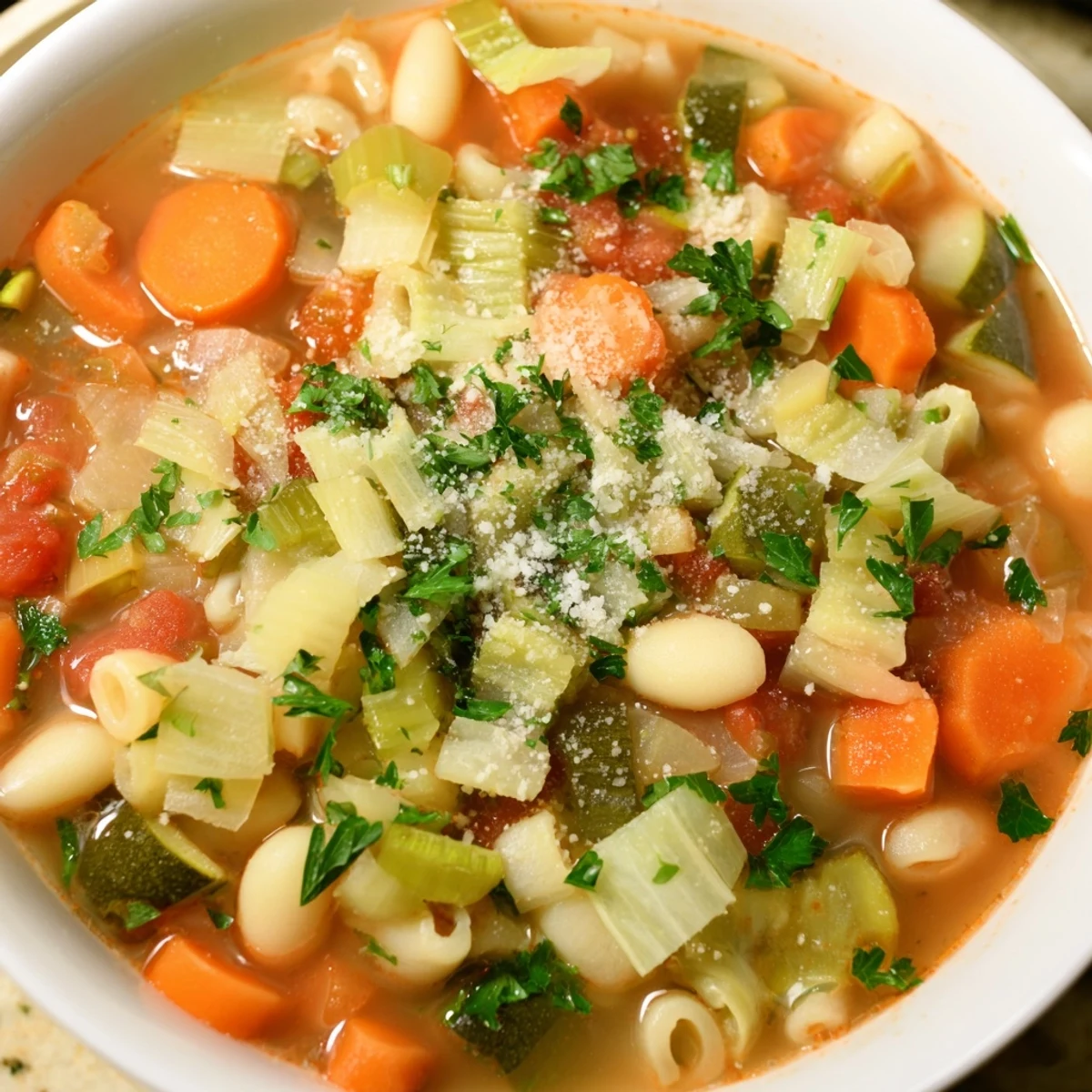 A close-up view of a hearty Winter Vegetable Minestrone Soup brimming with vibrant, tender vegetables.