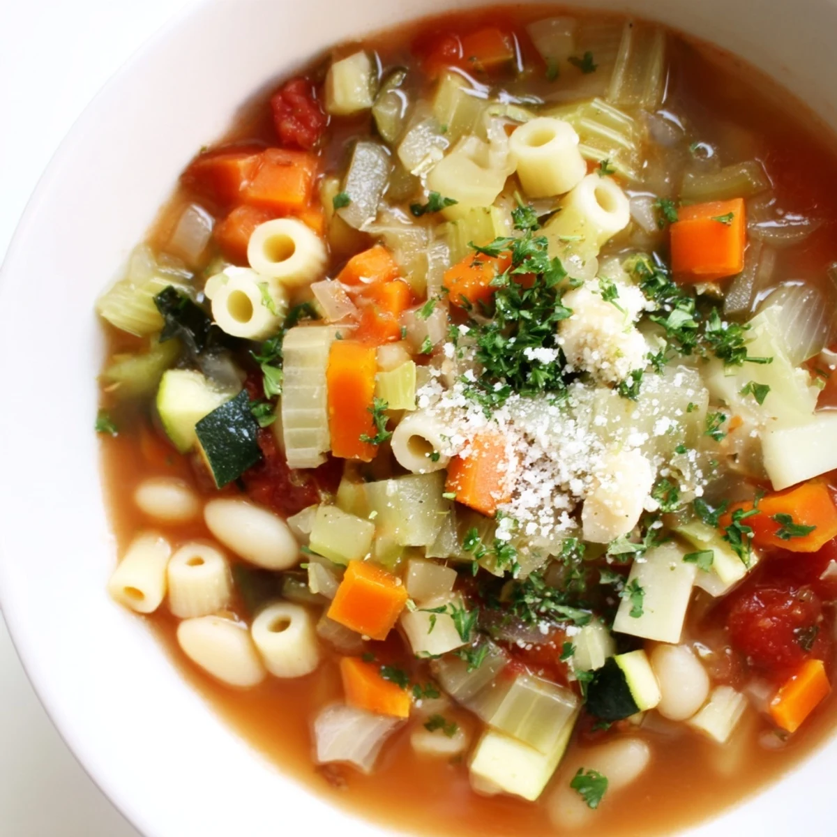 Flavorful Winter Vegetable Minestrone Soup, rich with pasta and beans, perfect for a cozy, satisfying dinner.