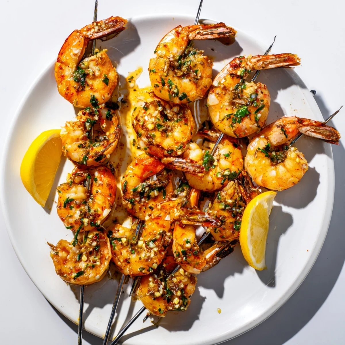 Golden-brown Lemon Garlic Butter Shrimp Skewers, a delicious and easy grilled seafood main course.