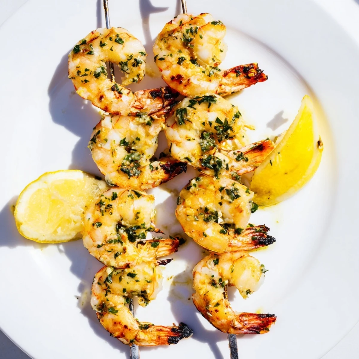 Savory and aromatic Lemon Garlic Butter Shrimp Skewers sizzling on the grill, perfect for summer.