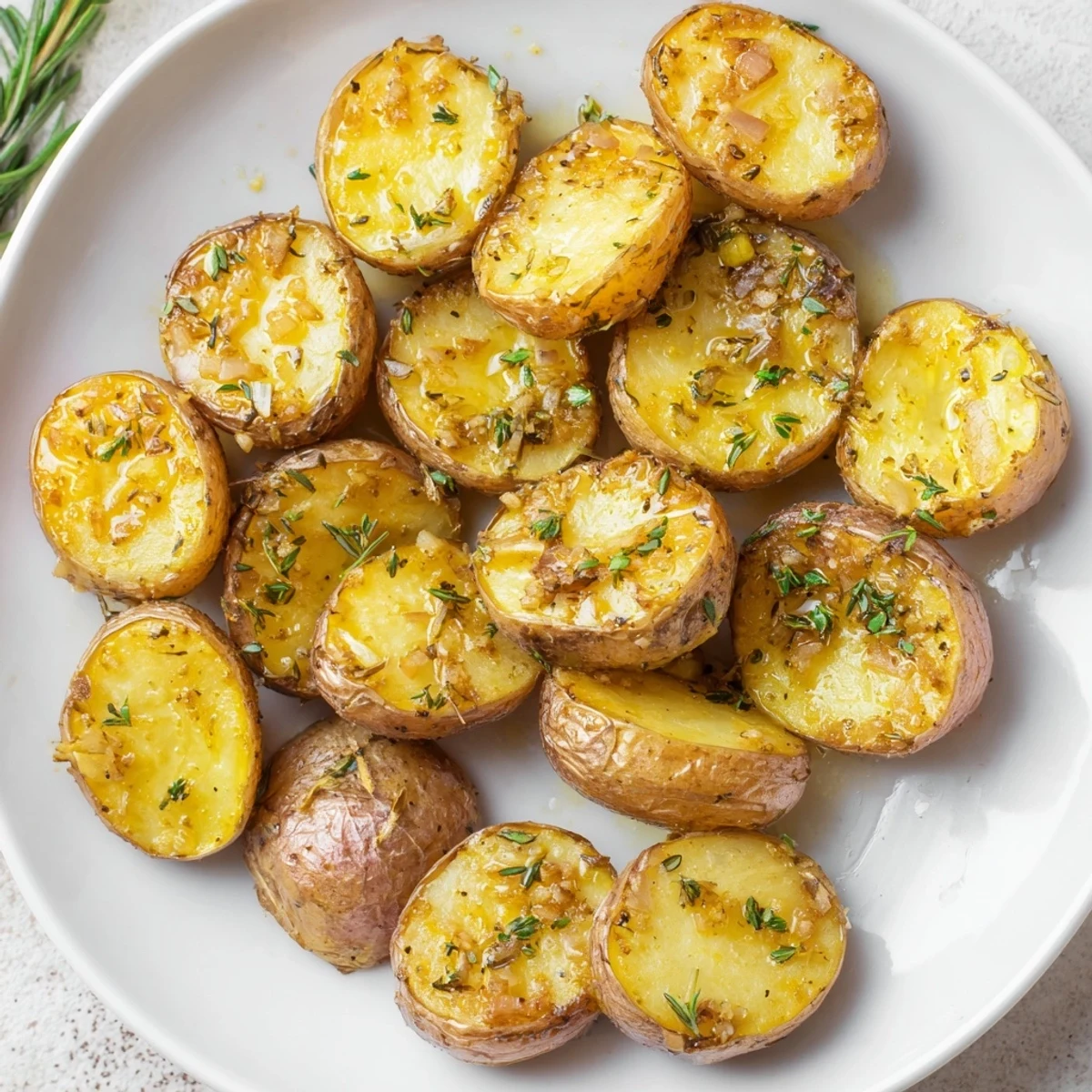 Golden-brown Garlic Herb Roasted Baby Potatoes, crispy exterior and herb-infused inside, ready to eat.