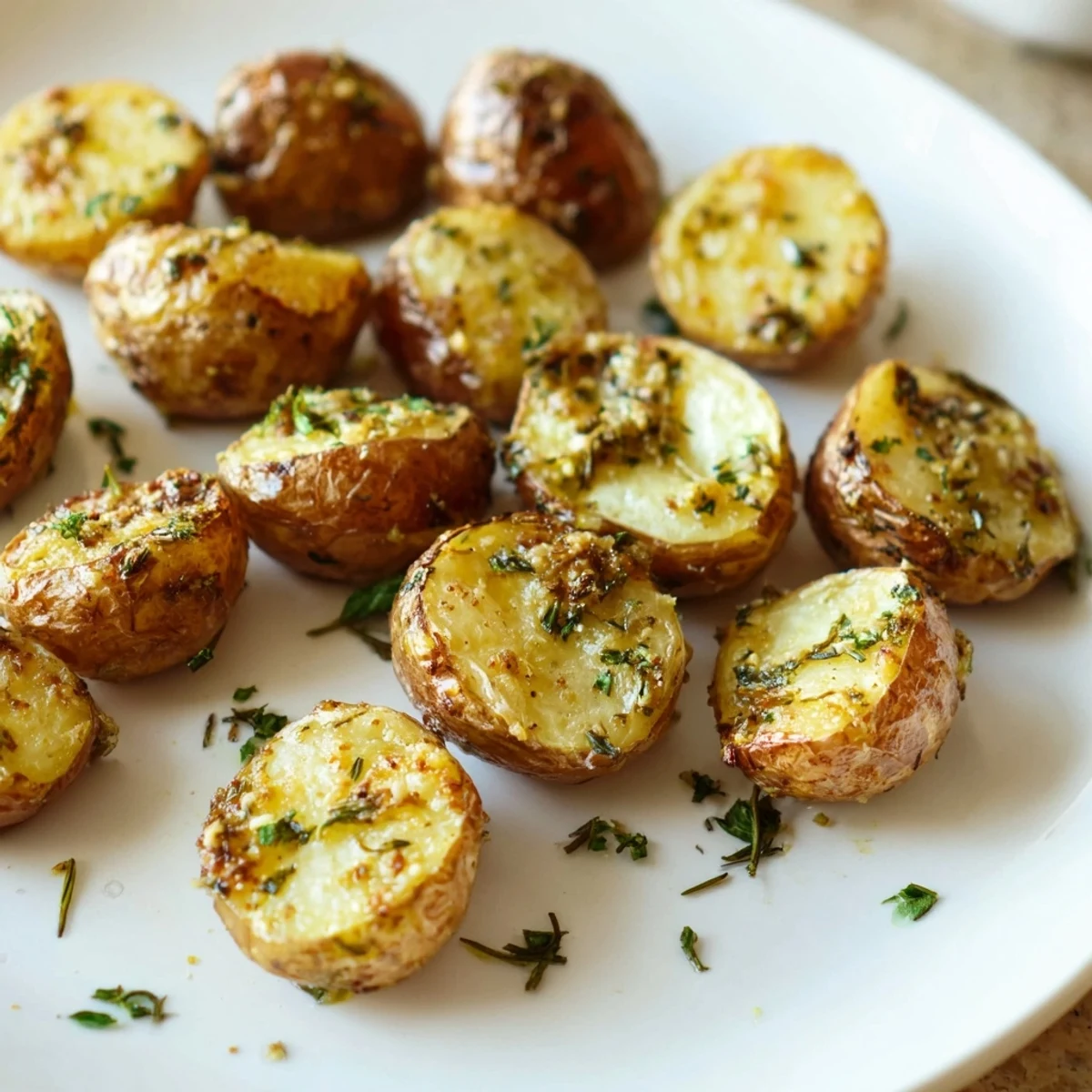 Freshly roasted Garlic Herb Baby Potatoes, served hot and garnished with bright green parsley, delicious!