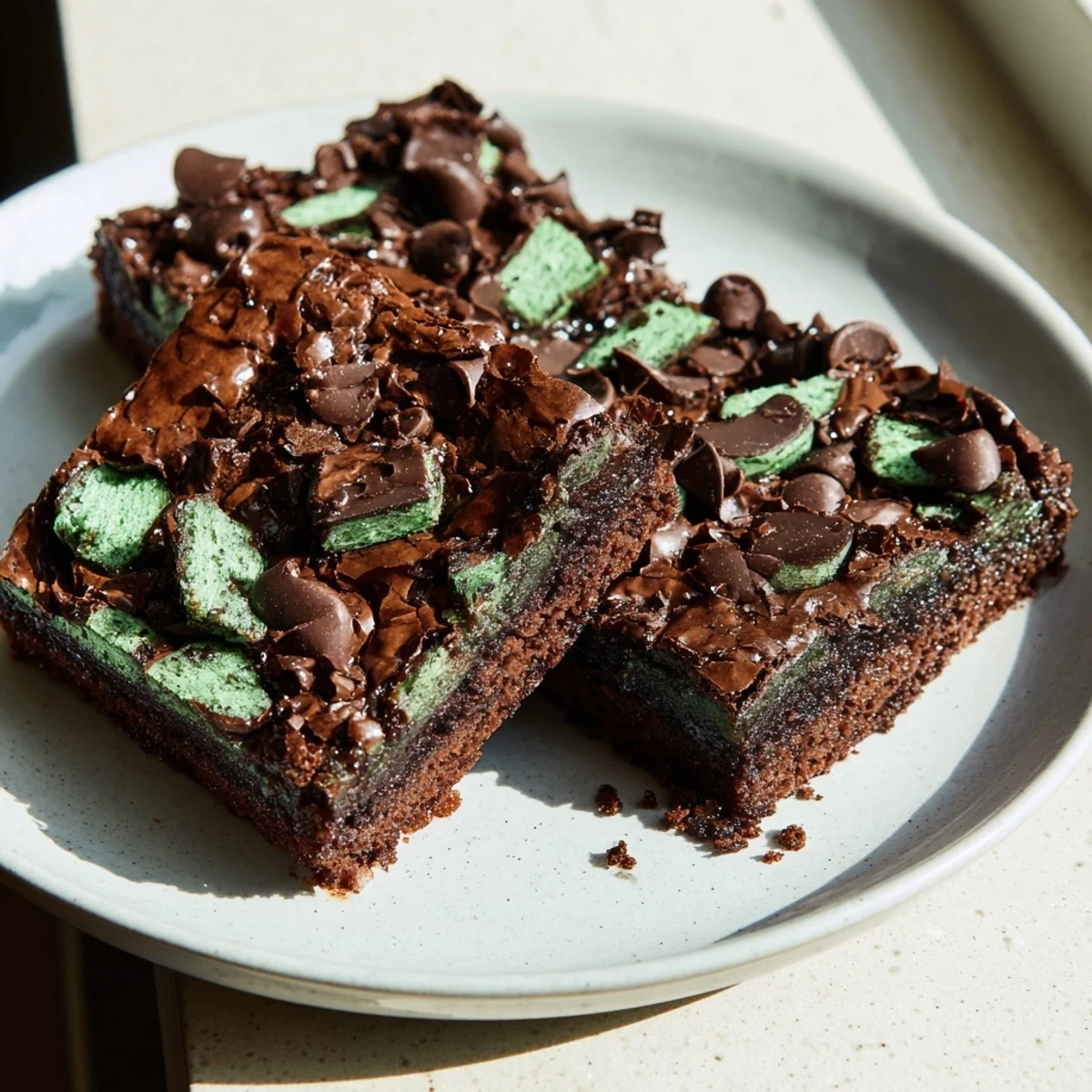 Glistening Peppermint Mocha Fudge Brownies, drizzled with chocolate glaze and sprinkled with crushed peppermint.