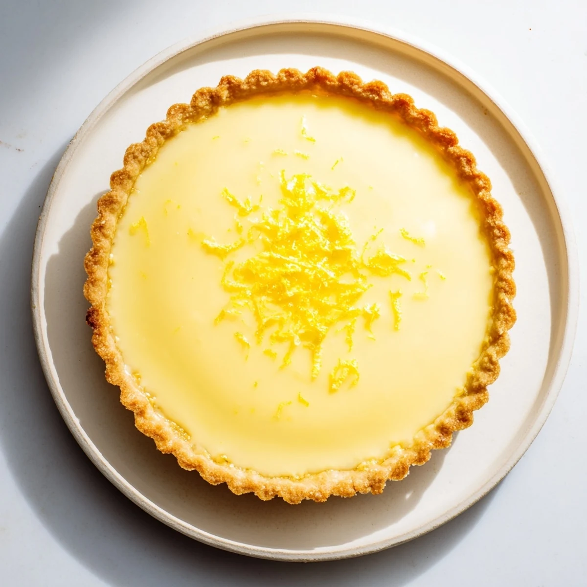 Close-up of a perfectly baked Lemon Tart, showing the bright yellow filling with a flaky crust.