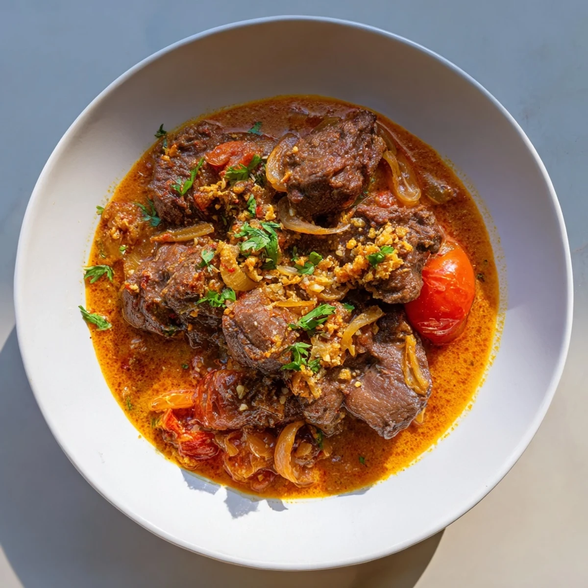 Tender beef curry glistening in a luscious sauce, offering a taste of authentic Indian cuisine.