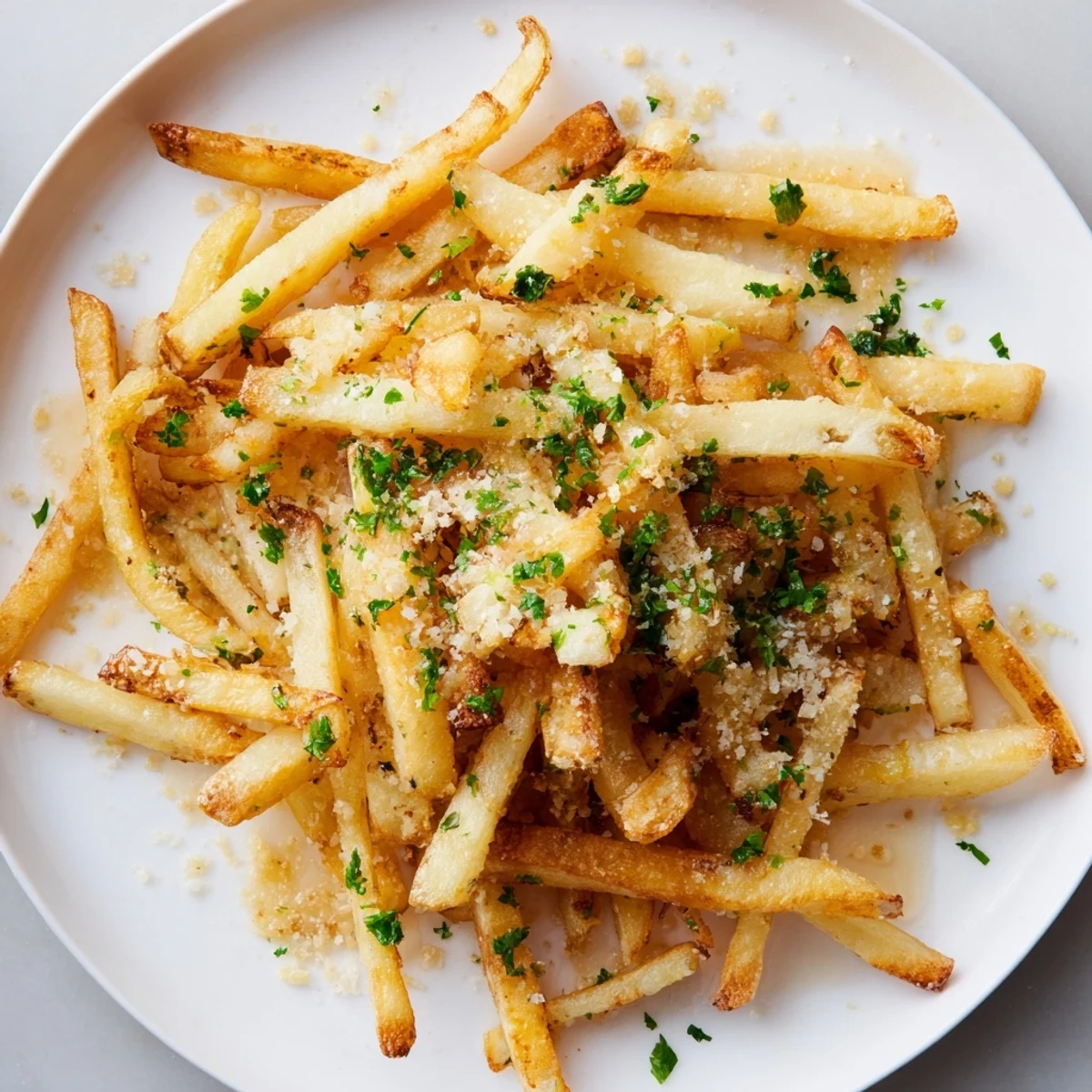 Golden-brown garlic fries, coated in savory butter, herbs, and perfect for sharing as a side dish.