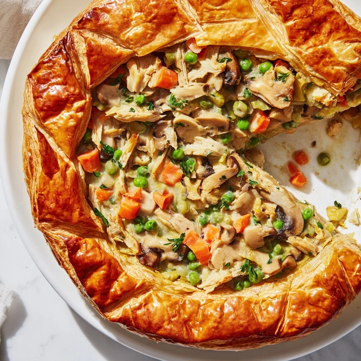 A golden-brown Savory Pie with a flaky crust, filled with chicken and vegetables, ready to eat.