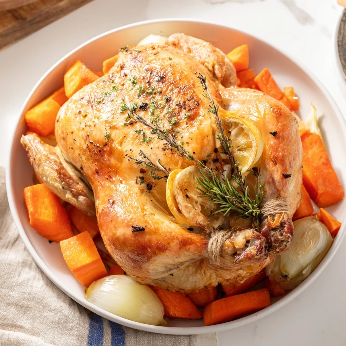 Golden-brown roasted chicken with crispy skin, surrounded by tender vegetables, ready to serve.
