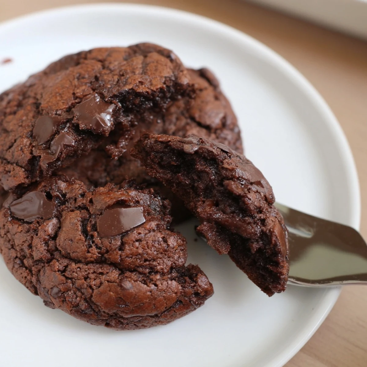 Warm, golden-brown chocolate cookies, still slightly soft in the center, ready to enjoy.
