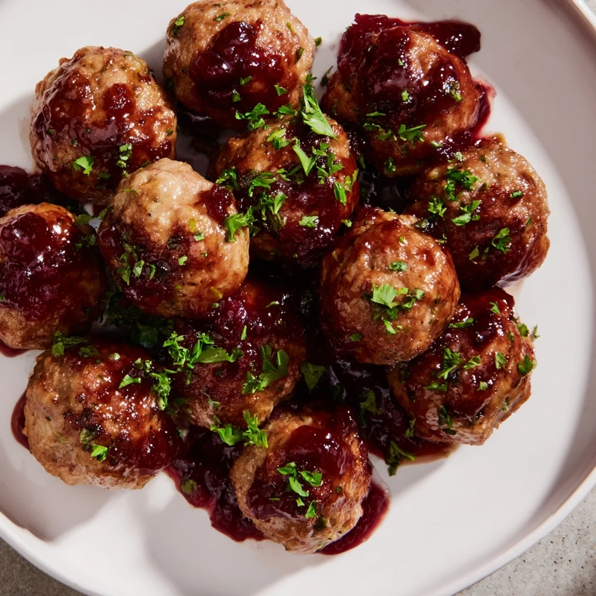 Close-up of succulent glazed turkey meatballs, showcasing a sweet and tangy cranberry glaze’s texture.