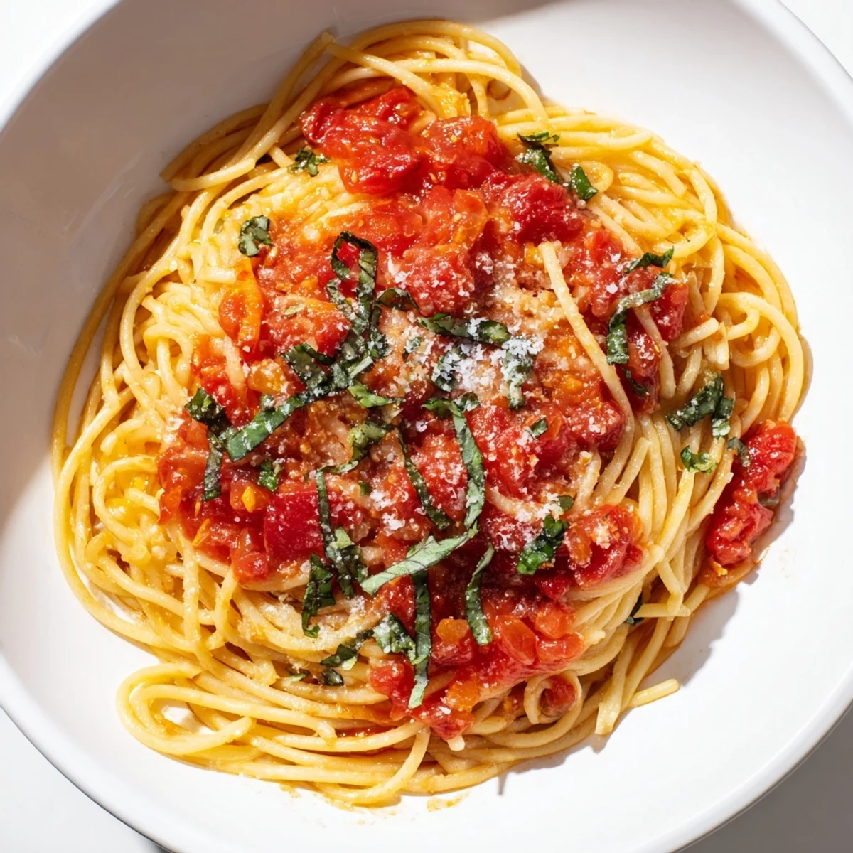 A bowl of Spicy Tomato and Basil Pasta, topped with fresh basil and Parmesan, ready to enjoy.