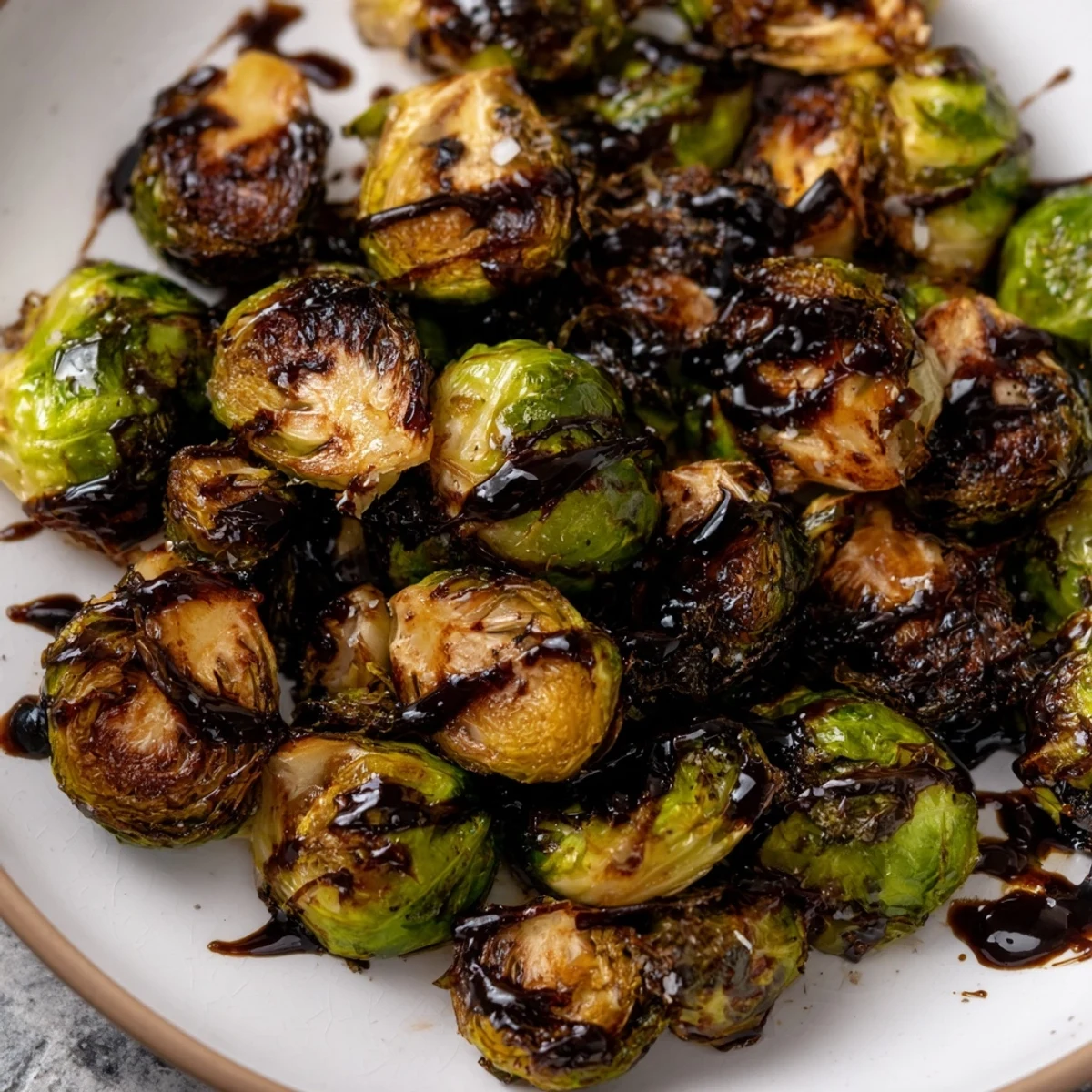 Tender, caramelized roasted Brussels sprouts with a glossy balsamic glaze, ready to serve and enjoy.