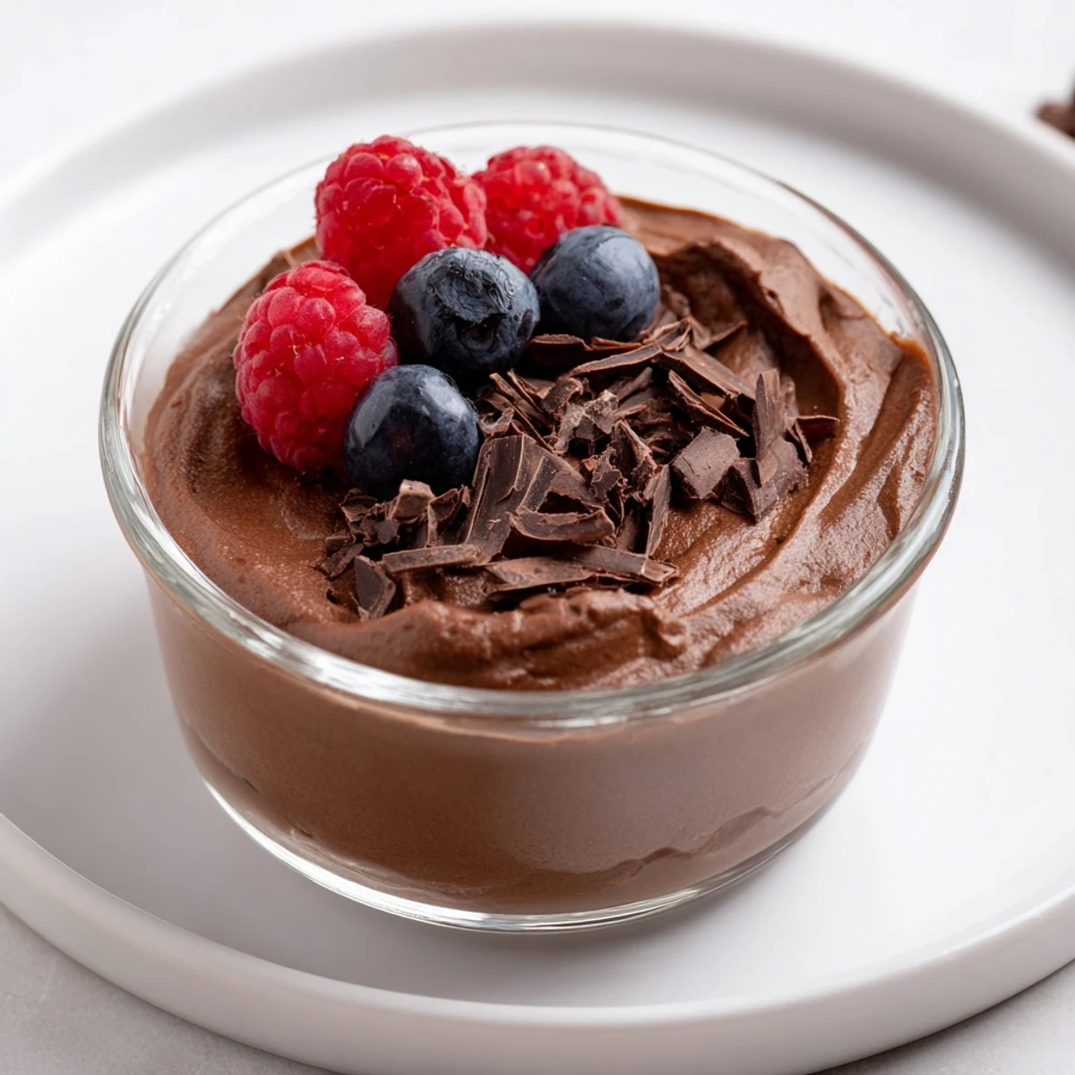 Silky smooth decadent dark chocolate mousse, garnished with fresh berries and chocolate shavings.
