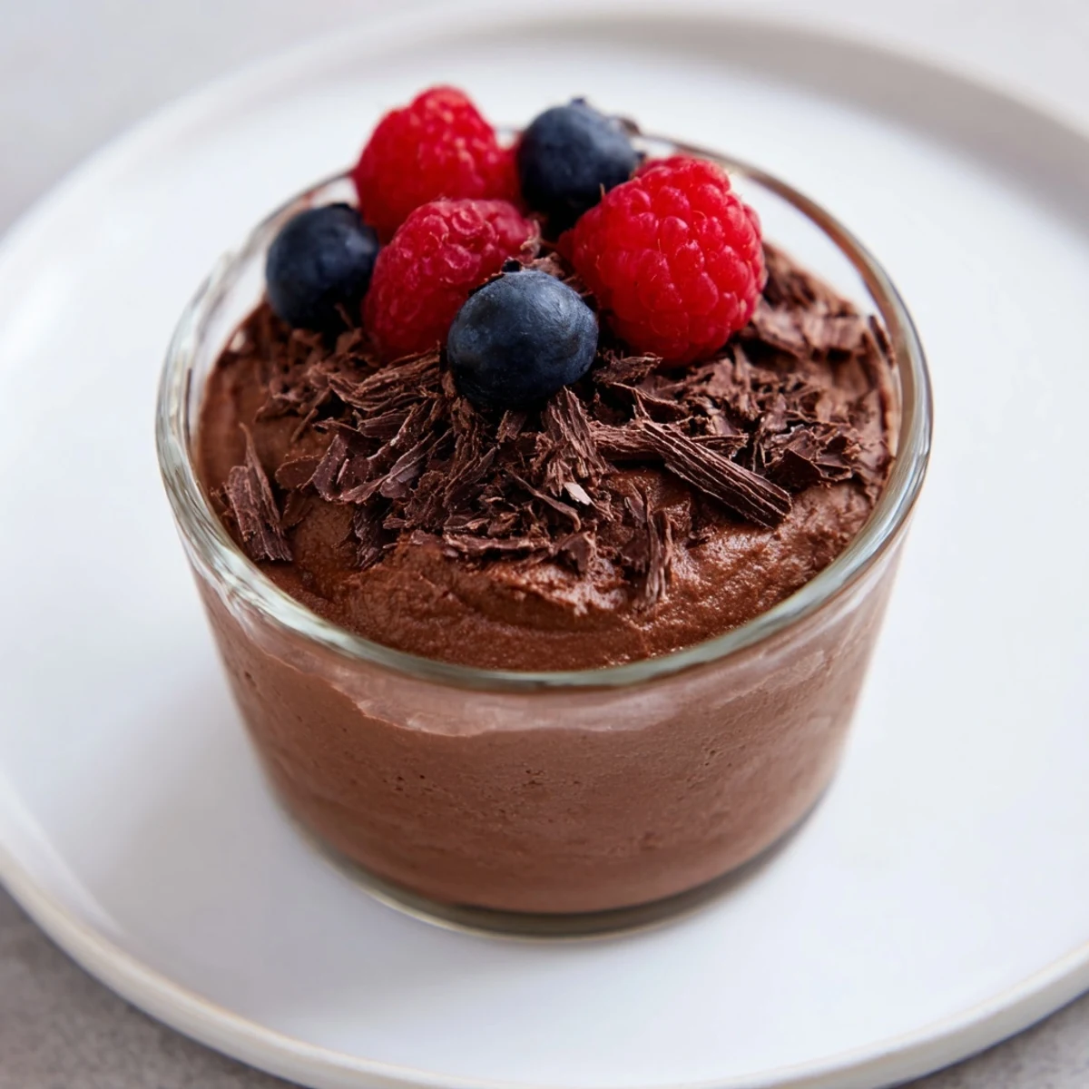 Close-up of fluffy decadent dark chocolate mousse, chilled and ready for a special treat.