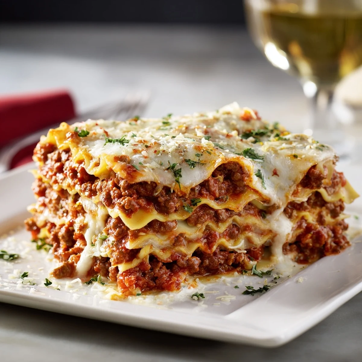 Golden-brown Classic Beef Lasagna, bubbling with melted mozzarella and ready for a comforting dinner.