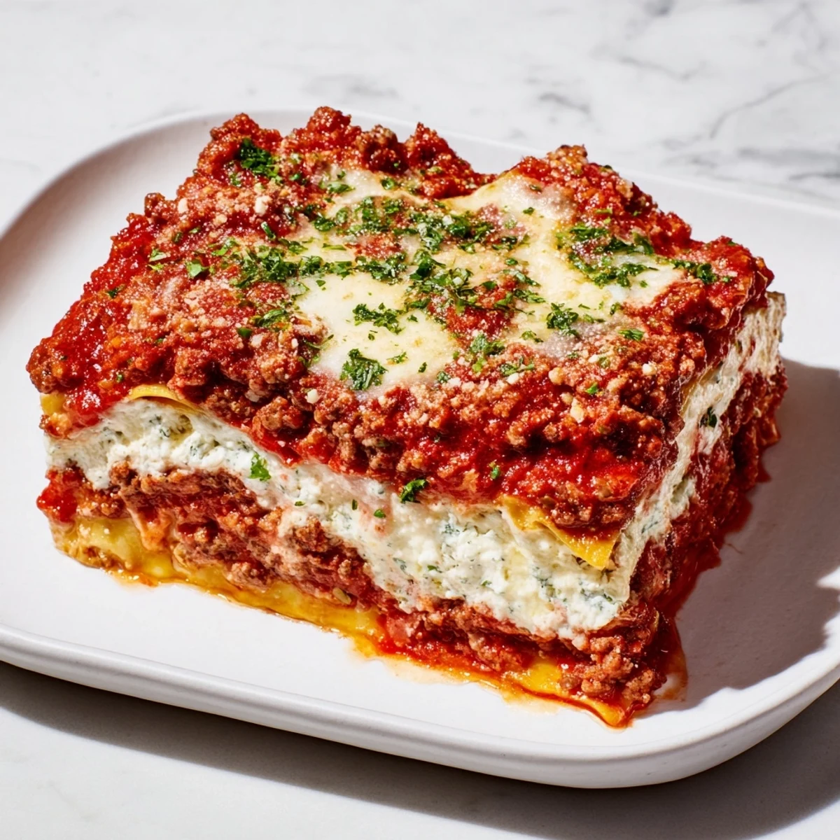 A close-up of a freshly baked Classic Beef Lasagna, showing layers of rich meat sauce and cheese.