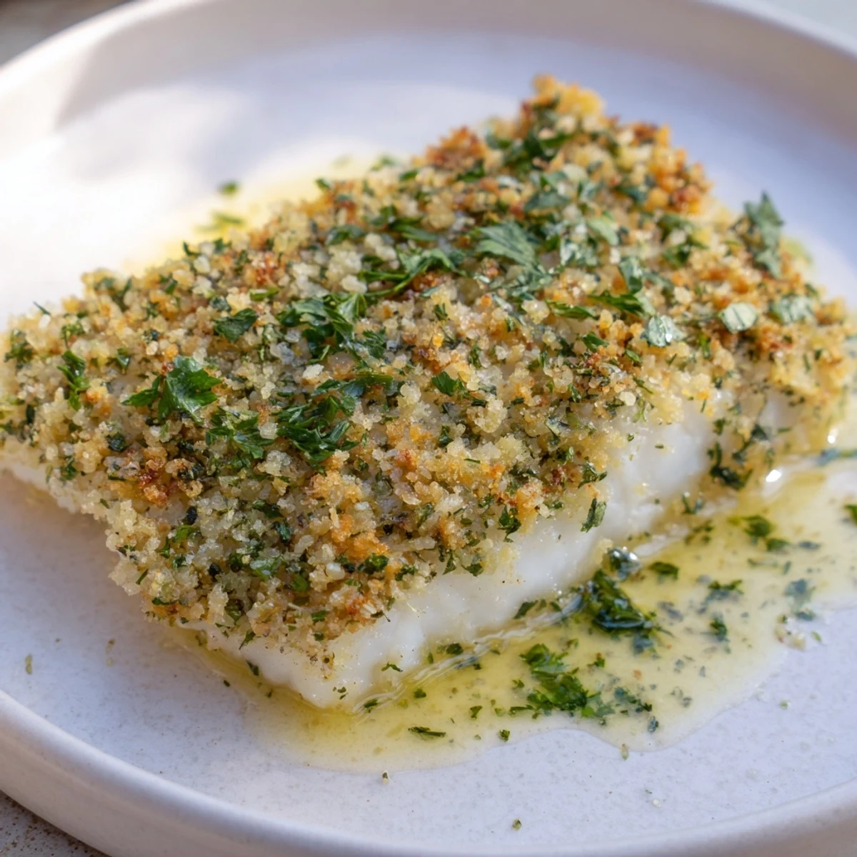 Golden, herb-crusted halibut fillet, flaky and moist, served with a vibrant lemon butter drizzle.