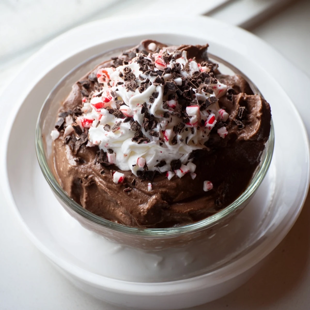 Decadent chocolate peppermint mousse, chilled and garnished, awaits its first spoonful of delight.