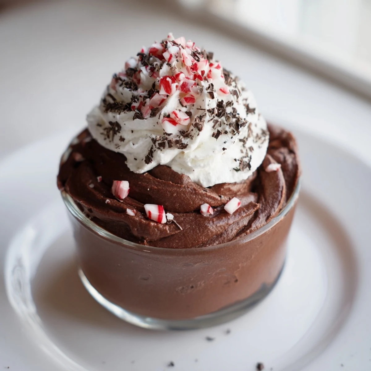 Silky smooth chocolate peppermint mousse, a festive dessert, ready with whipped cream and sprinkles of candy.