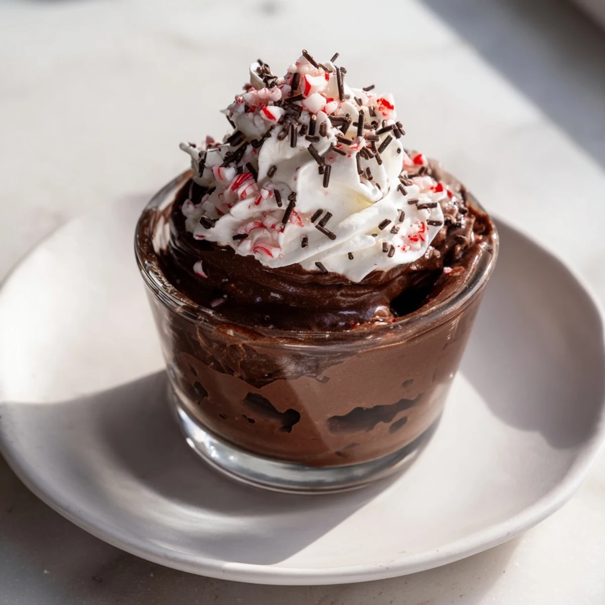 A close up of the rich, dark chocolate peppermint mousse, a tantalizing end for any dinner.