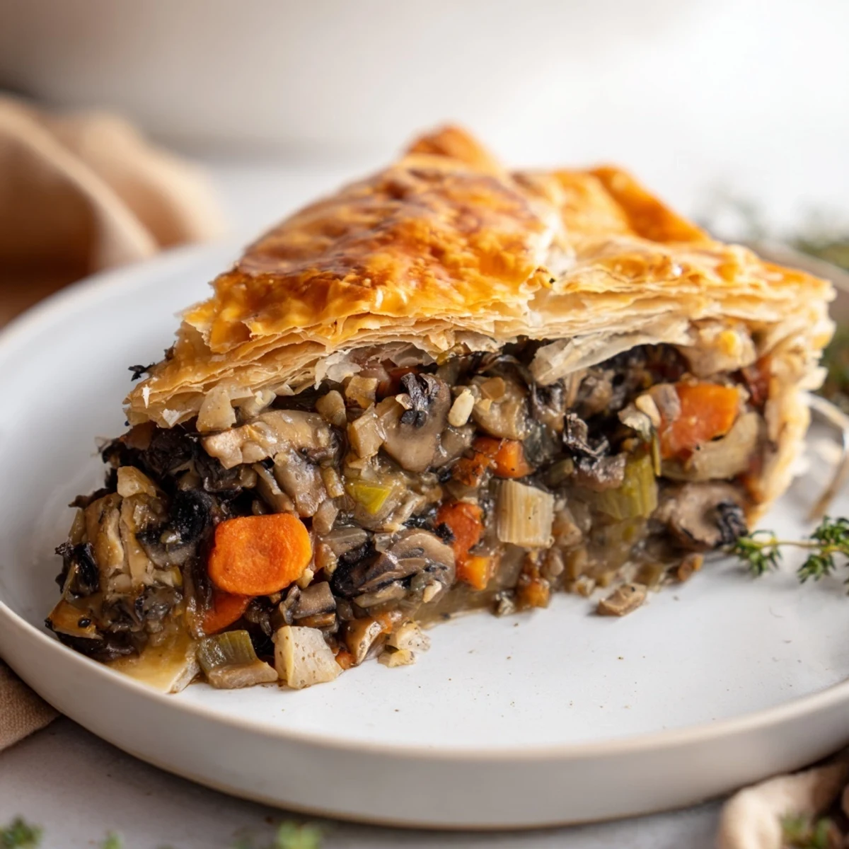 Golden, flaky Savory Mushroom and Chestnut Pie, a comforting vegetarian main course, ready to serve.