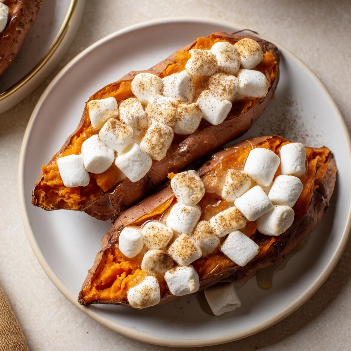 Golden-brown, melted marshmallows top warm, perfectly baked sweet potatoes in this delicious recipe.